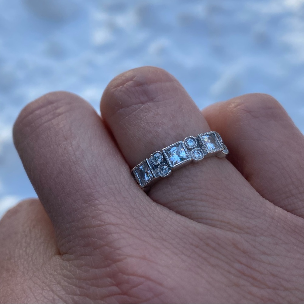 3mm Princess Moissanite Milgrain Anniversary Ring #ann183b white gold - Picture 3 of 10